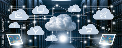 Internet data center room with server and networking device on rack cabinet and kvm monitor with charts on screen and cloud services icon with connection lines, cloud computing concept