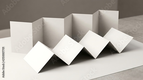 Blank white paper accordion fold brochure mockups standing on a clean flat surface for professional design display