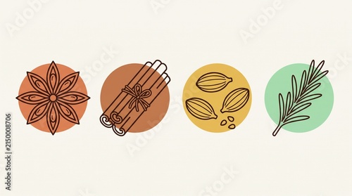 Minimalist spice and herb icons, featuring star anise, cinnamon sticks, cardamom pods, and rosemary sprig, simple line art with earthy color circles, clean white background