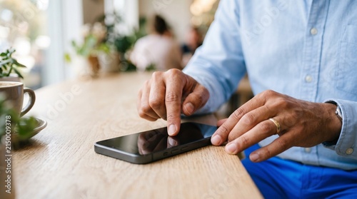 Person using smartphone with both hands on a wooden surface