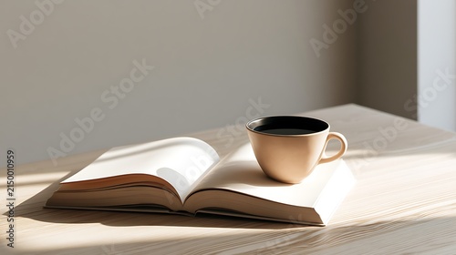 coffee cup on a table with an open book