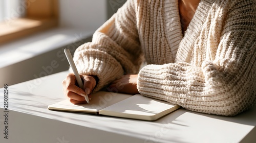 woman writing in notebook with pen on desk