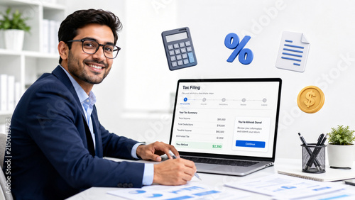 Professional with laptop showing floating tax filing icons