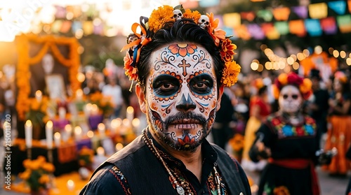Mexican Man with Dia de los Muertos Sugar Skull Face Makeup and Floral Crown Celebrating Day of the Dead