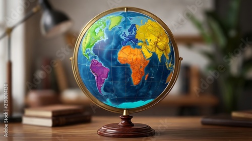 Vibrant Multicolored World Globe Sitting on a Polished Wooden Desk in a Bright Home Office Environment