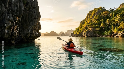 Woman paddling a red kayak in clear turquoise water surrounded by limestone cliffs during sunset