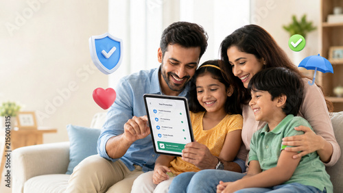 Family with tablet showing floating insurance protection icons