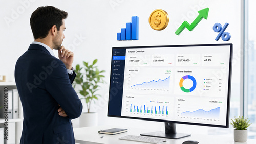 Businessman with monitor showing floating corporate finance icons