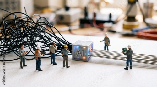 Miniature engineers organizing tangled cables through AI cube for data cleaning and system automation efficiency