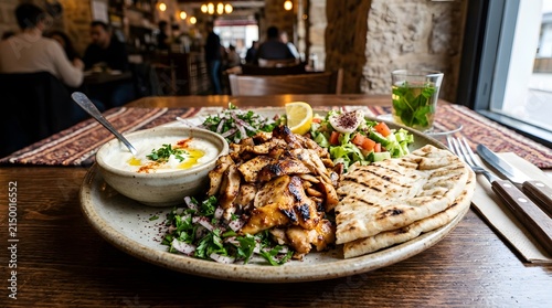 Grilled chicken shawarma plate with flatbread and dip