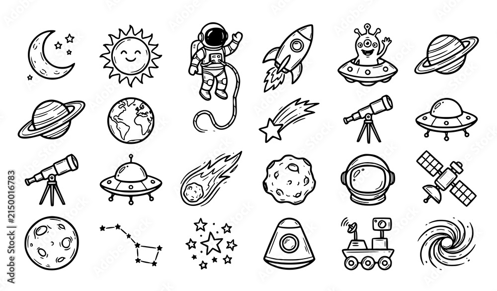 Fototapeta premium Set of hand drawn space themed doodles featuring planets stars astronaut rocket ship and alien elements