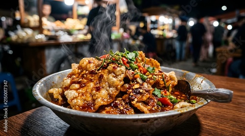 Hot spicy dish served in metal bowl outdoors at night market