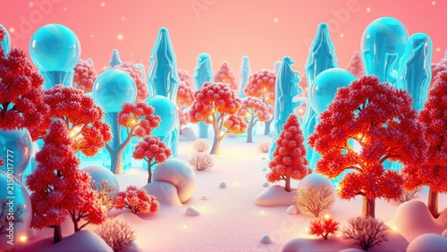 Stylized winter landscape. Red trees contrast with blue ice formations. Soft pink sky creates dreamlike scene. Snow covers ground.