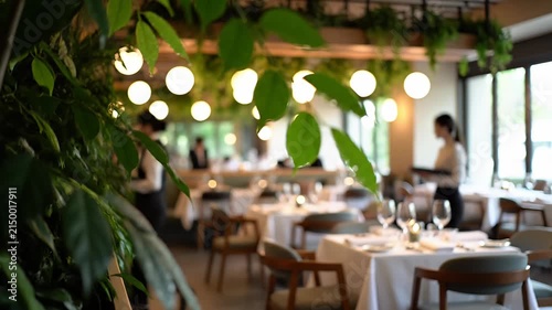 Blurred restaurant interior view through green foliage.