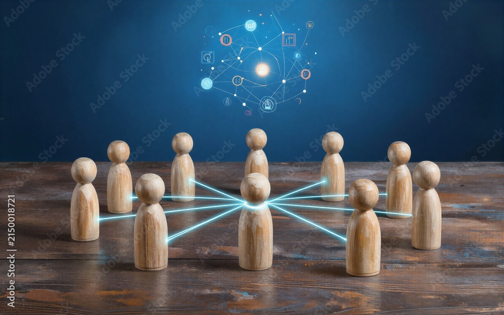 Obraz premium Wooden figures connected by glowing lines to digital network, symbolizing teamwork and collaboration.