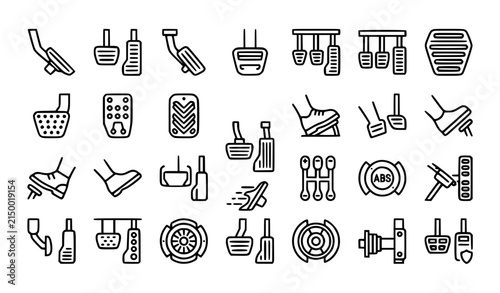 Modern Car Pedal Line Icons Collection with Brake Accelerator Clutch and Automotive Control Symbols