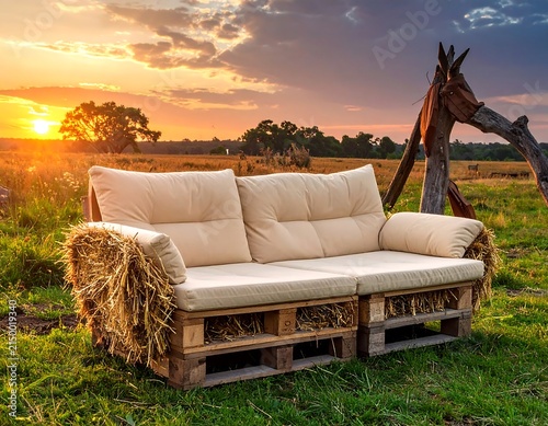 Rustic wooden bench in peaceful garden setting.