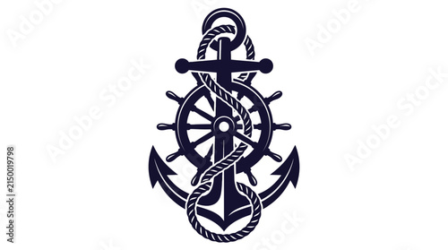 Nautical anchor emblem featuring a ship wheel and coiled rope in a bold flat design. Navy blue vector illustration isolated on a white background for marine branding and logos.