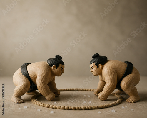 Hand-carved wooden sumo wrestler figurines with rope ring and salt grains, sumo culture and respect concept