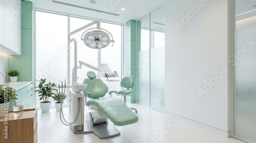 Bright modern dental clinic interior with mint green patient chair surgical light and potted plants near large window