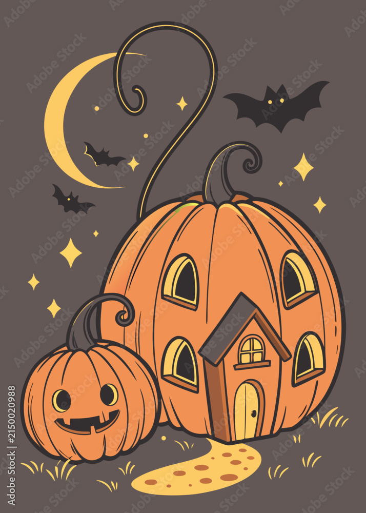 Fototapeta premium Halloween Pumpkin House and Jack-o-Lantern Illustration