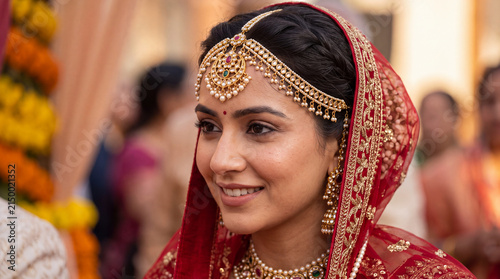 North Indian bride wearing elaborate traditional gold matha patti