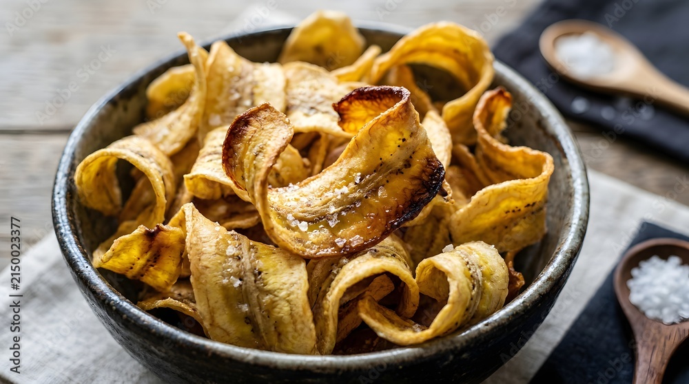 Fototapeta premium Crispy baked banana chips with sea salt in a rustic bowl