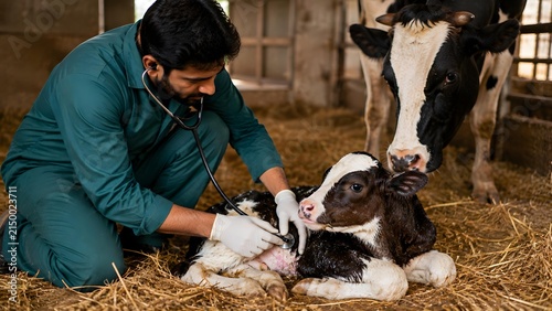 Professional veterinarian conducting a gentle health examination on a newborn calf inside a stable with veterinarian wearing gloves stethoscope examine newborn