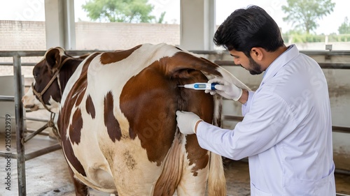 Professional veterinarian performing routine health examination on dairy cow within livestock farm facility setting with thermometer check temperature
