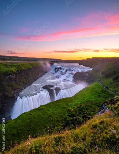 Scenic waterfall cascading through lush green valley at sunrise.