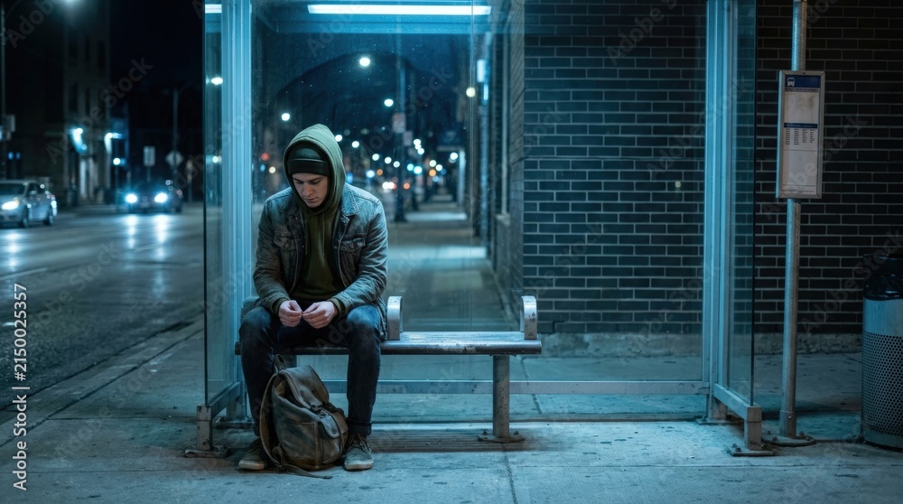 Obraz premium Young adult sitting alone at bus stop at night