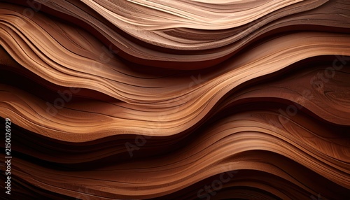 Abstract Brown Wooden Waves Background with Smooth Organic Curved Layers and Natural Grain Texture.