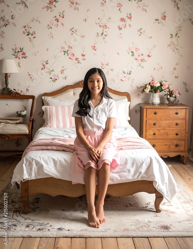 Woman in white dress sitting on antique sofa indoors.