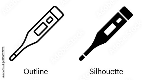 Digital Thermometer Icon: A clear visual representation of a digital thermometer in both outline and silhouette forms, symbolizing health and temperature measurement.