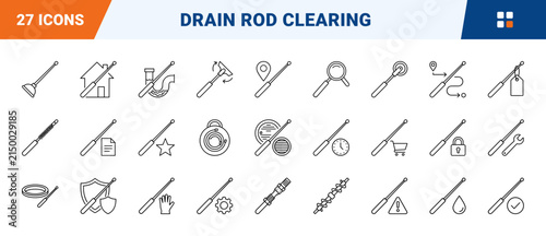 Drain Rod Set Drain Clearing Web Icon Set in Linear Style. Collection of Pipe Unblocking line icons, including drain rod set, plunger tip, worm screw, pipe clearing, service van, root cutter and more.