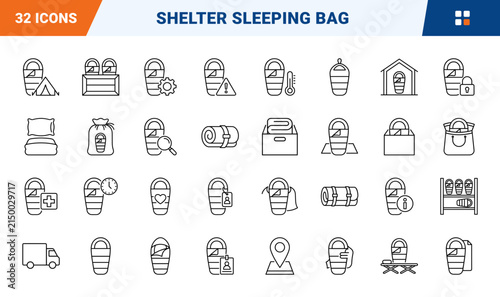 Sleeping Bag Emergency Rest Center Provision Web Icon Set in Linear Style. Collection of Shelter Supply line icons, including sleeping bag, cinch sack, rolled bag, supply truck, cot and more.