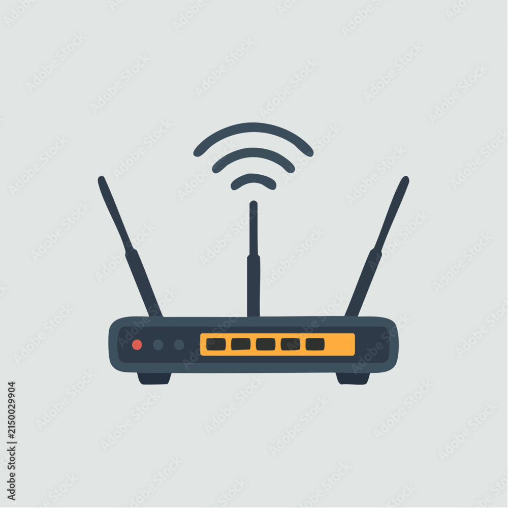 Fototapeta premium A flat vector icon illustrates a wireless internet router with three antennas and signal.