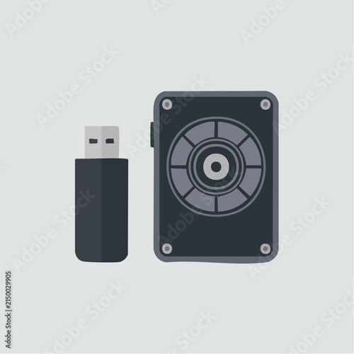 A flat vector illustration depicts a black usb flash drive next to a small square digital.