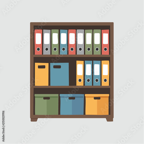 A flat vector illustration shows a wooden bookshelf filled with colorful office binders.