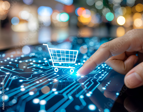 A close-up shot depicts a hand interacting with a digital shopping cart icon superimposed over a glowing circuit board background, symbolizing online shopping and e-commerce.