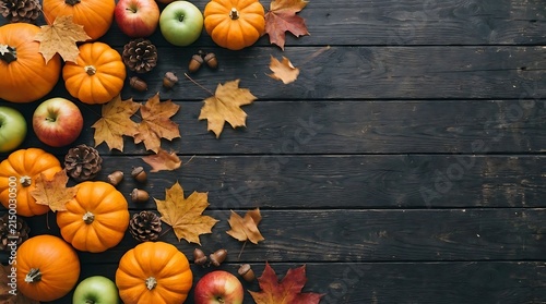 Pumpkins apples and autumn leaves on dark wooden background