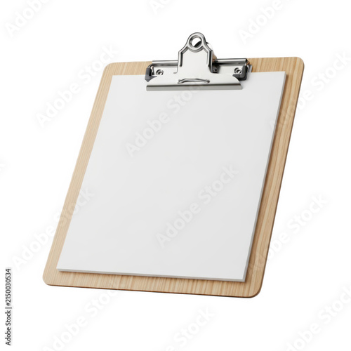 Blank clipboard with pen on wooden surface