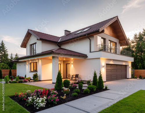 A modern, two-story house with a red tile roof and a well-manicured lawn is bathed in the warm glow of the setting sun, showcasing a blend of contemporary architecture and natural beauty.