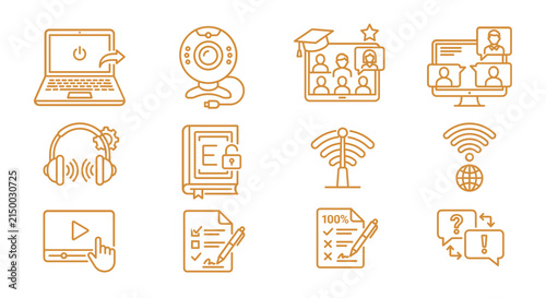 Online Education and E Learning Gold Line Icon Set