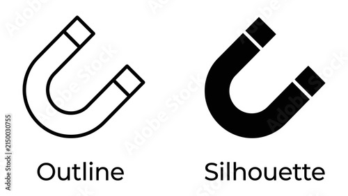 Horseshoe Magnet Icon: A visual representation of a horseshoe magnet in both outline and silhouette form, showcasing its distinct U-shape and magnetic poles.