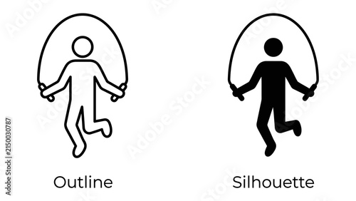 Jumping Rope Iconography: A set of two icons illustrating a person jumping rope, one in outline and the other as a solid silhouette, representing fitness and activity