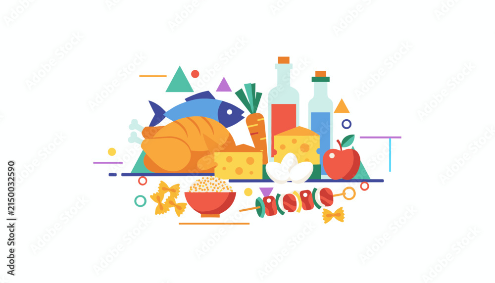 Fototapeta premium Variety of healthy foods including chicken, fish, cheese, and vegetables are beautifully arranged on a plate.
