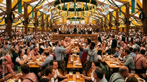 Joyful crowd celebrating traditional German beer festival with large mugs in a decorated tent