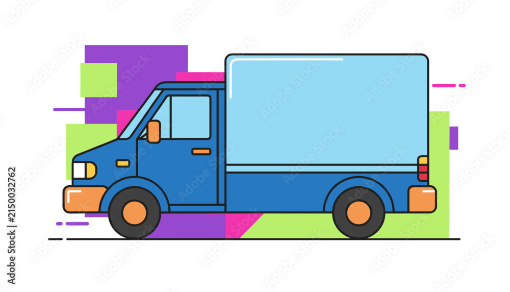 Fototapeta premium Blue delivery truck vehicle driving fast against a colorful purple, pink, and green geometric background.