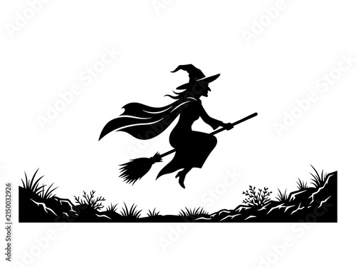 Black silhouette of a flying witch for halloween celebration isolated on transparent background